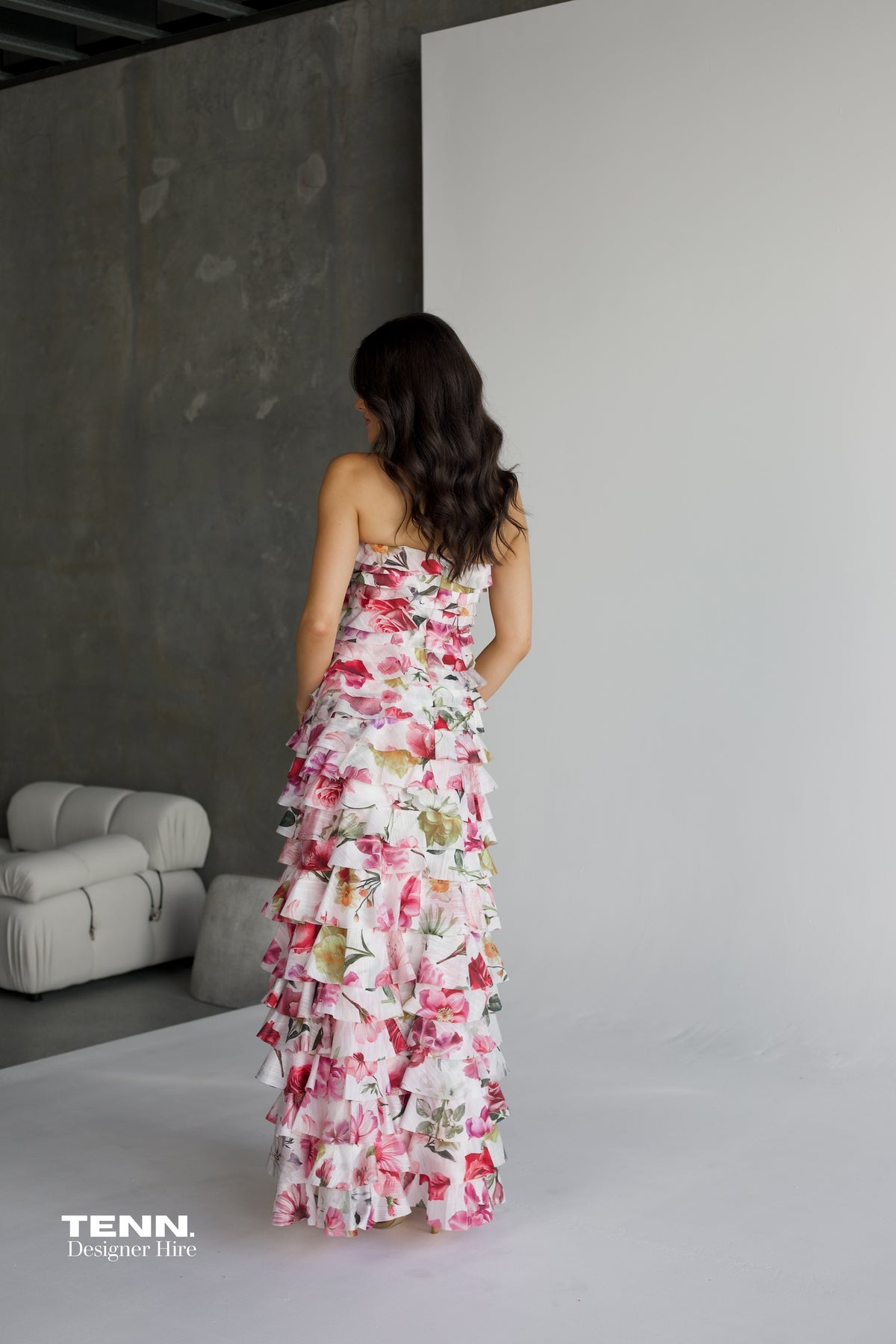 Aje Fleur Pleated Gown Hire from Tenn – Strapless Pink Floral Dress with Ruffles and Flowing A-Line Skirt
