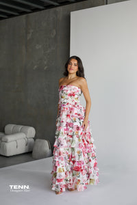 Aje Fleur Pleated Gown Hire from Tenn – Strapless Pink Floral Dress with Ruffles and Flowing A-Line Skirt