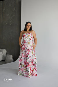 Aje Fleur Pleated Gown Hire from Tenn – Strapless Pink Floral Dress with Ruffles and Flowing A-Line Skirt