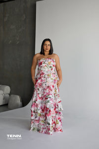 Aje Fleur Pleated Gown Hire from Tenn – Strapless Pink Floral Dress with Ruffles and Flowing A-Line Skirt