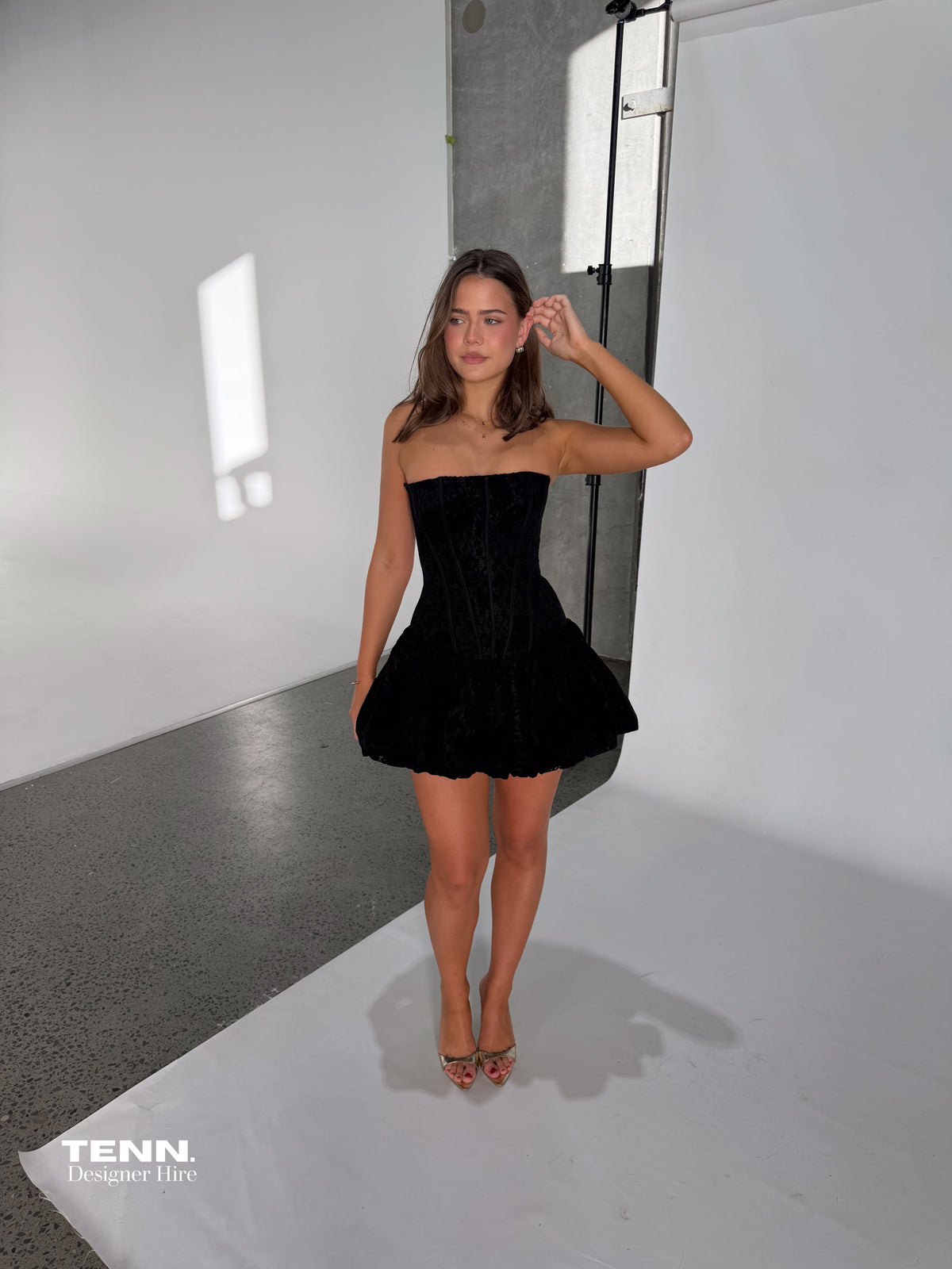 Aje Florence Bubble Hem Mini Dress Black TENN Designer Hire