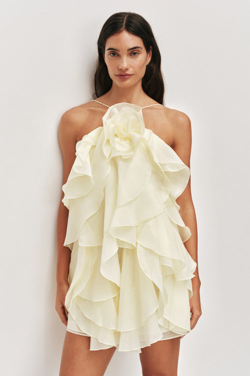 Aje Pandorea Layered Mini Dress Butter Yellow Formal Dress TENN Designer Hire