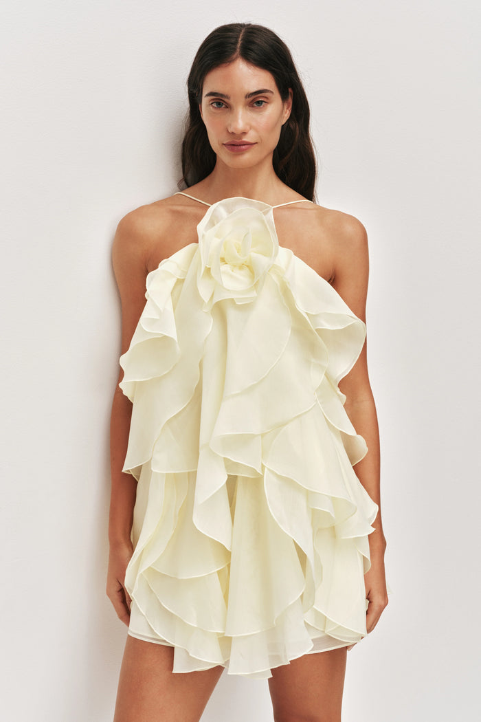 Aje Pandorea Layered Mini Dress Butter Yellow Formal Dress TENN Designer Hire