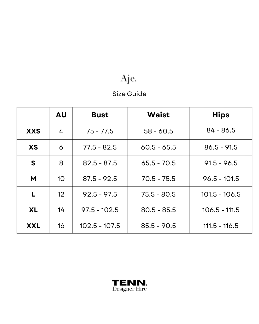 Aje Size Chart Hire