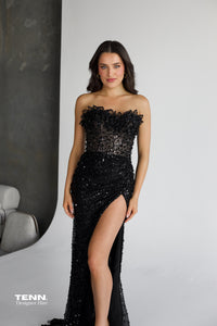 Albina Dyla Imperial Black Leaf Gown For Hire – Handmade Formal Dress With Corset Bodice, Thigh Slit, Detachable Sleeves, And Embellished Leaf Sequins