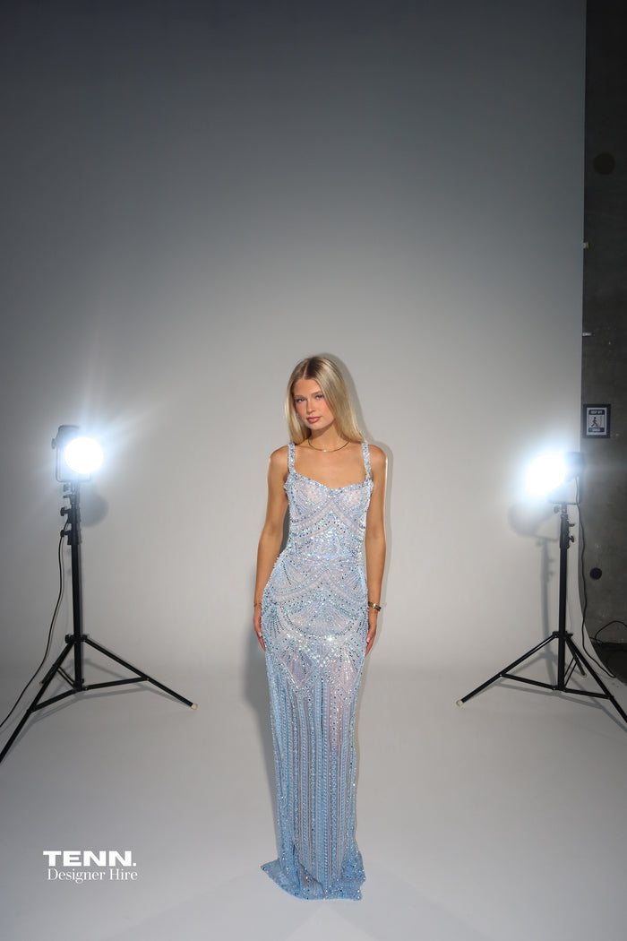 Albina Dyla Blush Rose Blue Gown TENN Designer Hire