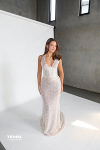 Albina Dyla Golden Couture Gown in Gold TENN Designer Hire
