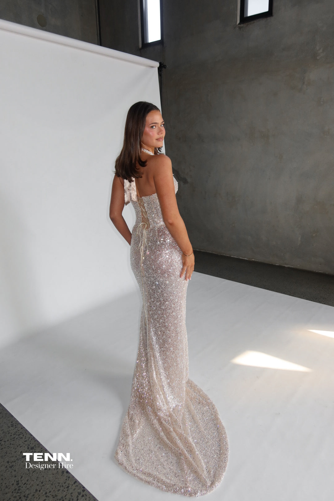 Albina Dyla Golden Embellished Gown TENN Designer Hire
