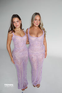 Albina Dyla Hand Sewn Sequin Gown Blue TENN Designer Hire