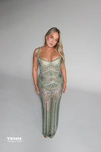 Albina Dyla Hand Sewn Sequin Gown Emerald TENN Designer Hire