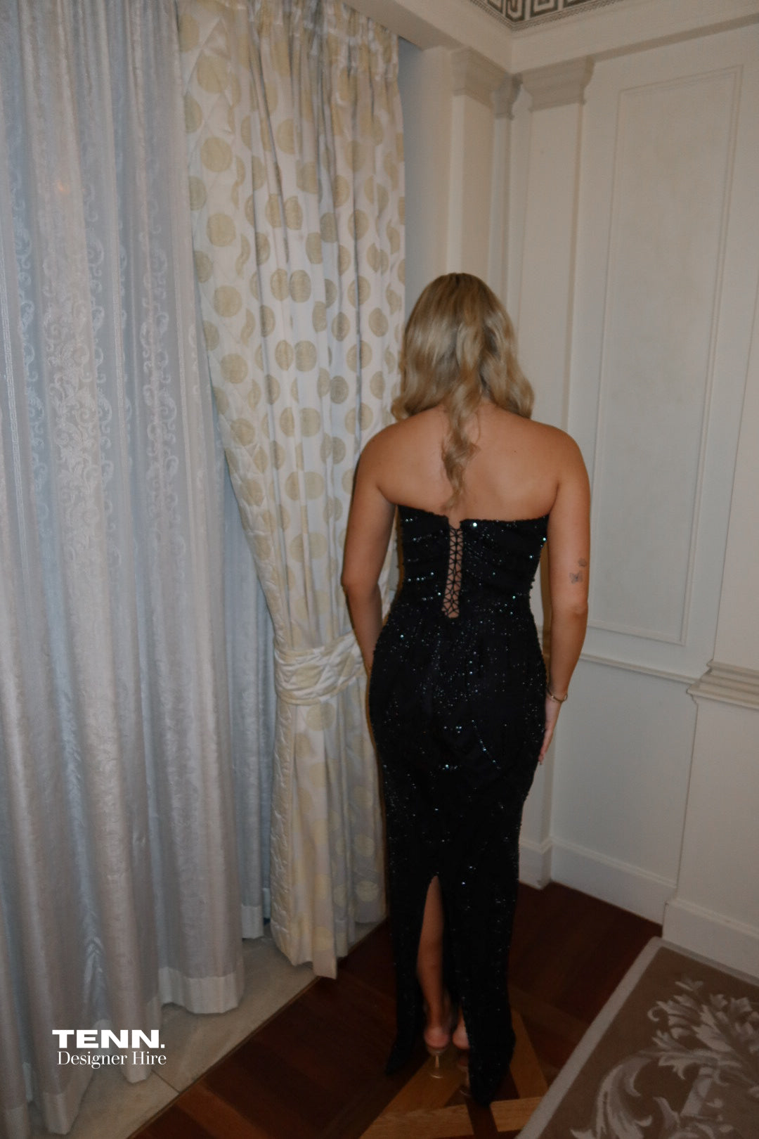 Albina Dyla x TENN Custom Sequin Couture Gown Black TENN Designer Hire