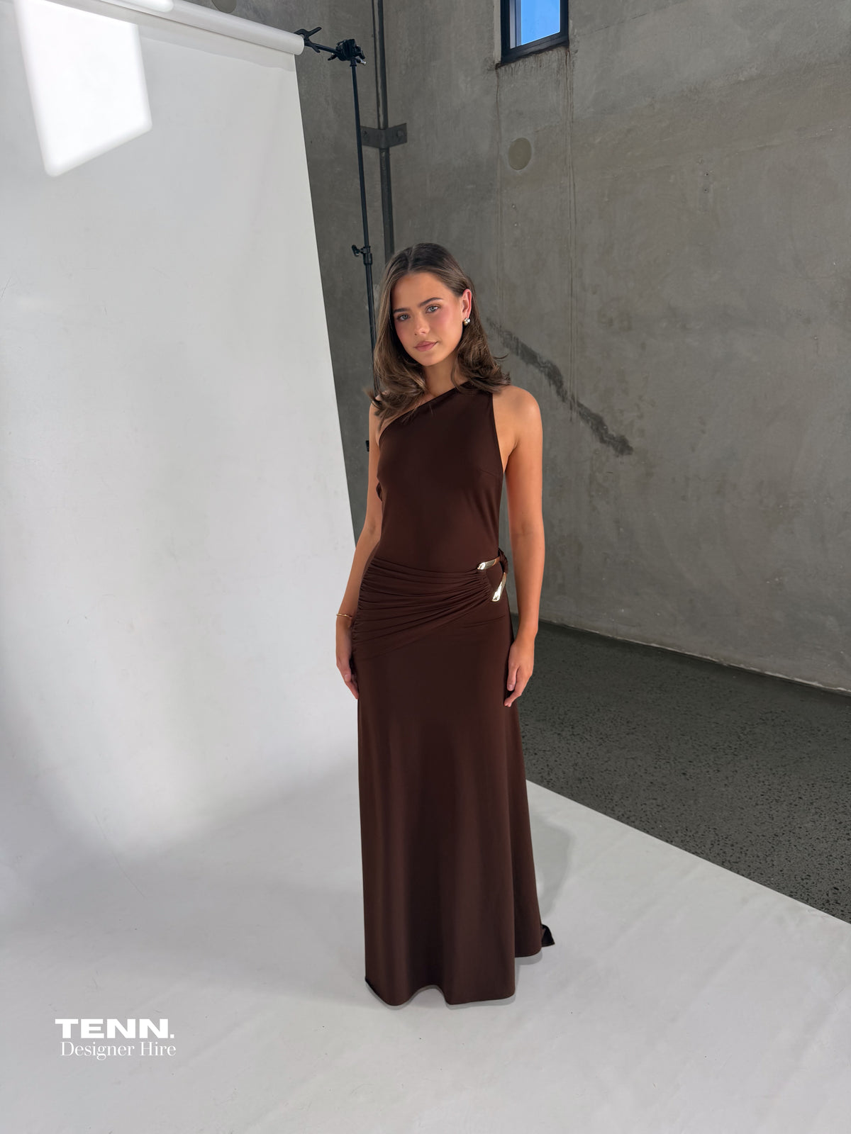 Ance Gria Asymmetric Gaia Dress Brown TENN Designer Hire