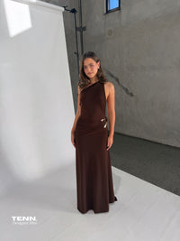 Ance Gria Asymmetric Gaia Dress Brown TENN Designer Hire