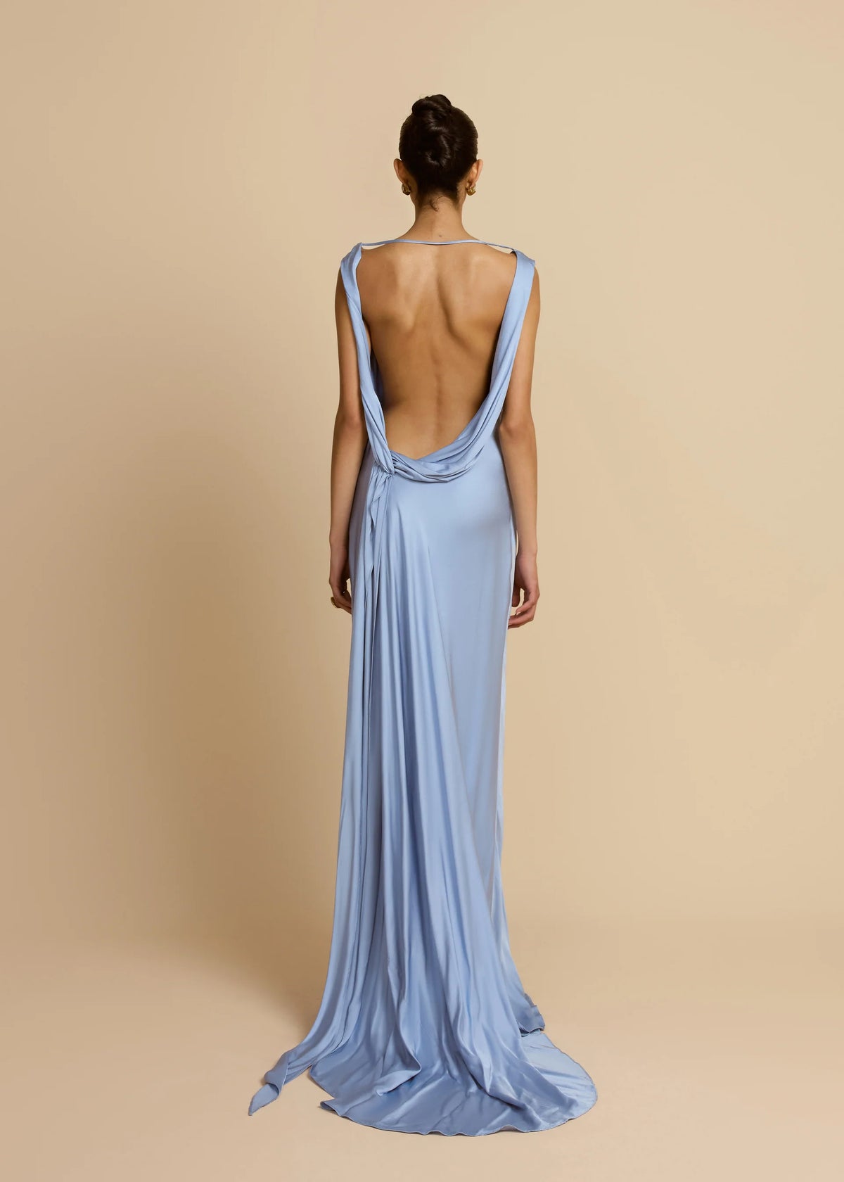 Arcina Ori Darcy Dress Hire – Satin Gown with Cowl Neckline, Draped Open Back, and Bias-Cut Silhouette.