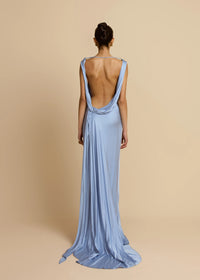Arcina Ori Darcy Dress Hire – Satin Gown with Cowl Neckline, Draped Open Back, and Bias-Cut Silhouette.
