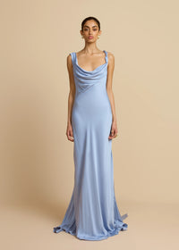 Arcina Ori Darcy Dress Hire – Satin Gown with Cowl Neckline, Draped Open Back, and Bias-Cut Silhouette.