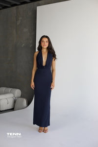 Bec And Bridge Nessie Cowl Maxi Dress In Ink For Hire – Deep Cowl Neckline, Open Back, And Slinky Skirt Silhouette.