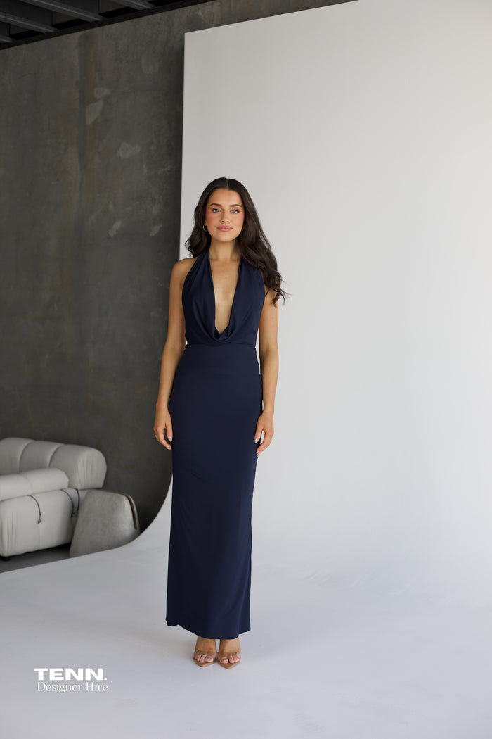 Bec And Bridge Nessie Cowl Maxi Dress In Ink For Hire – Deep Cowl Neckline, Open Back, And Slinky Skirt Silhouette.