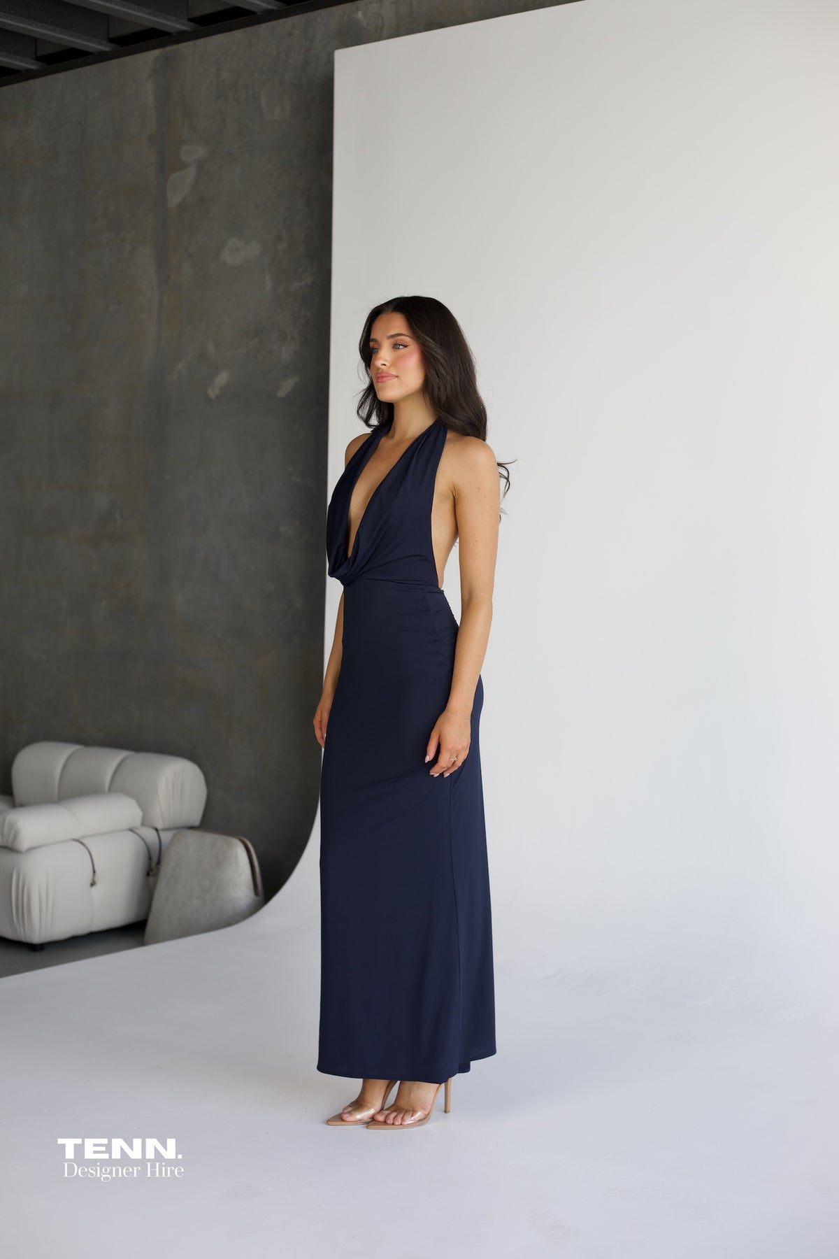 Bec And Bridge Nessie Cowl Maxi Dress In Ink For Hire – Deep Cowl Neckline, Open Back, And Slinky Skirt Silhouette.