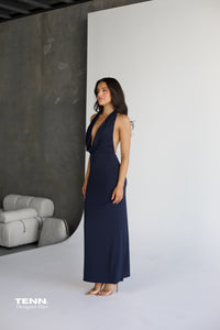 Bec And Bridge Nessie Cowl Maxi Dress In Ink For Hire – Deep Cowl Neckline, Open Back, And Slinky Skirt Silhouette.