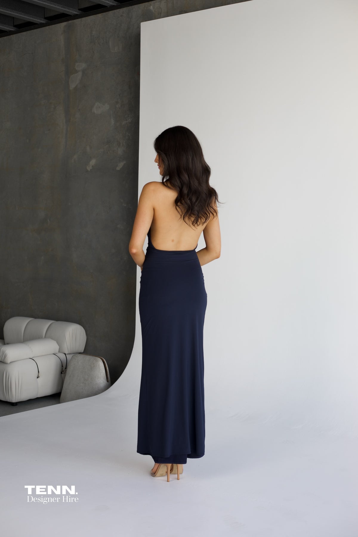 Bec And Bridge Nessie Cowl Maxi Dress In Ink For Hire – Deep Cowl Neckline, Open Back, And Slinky Skirt Silhouette.