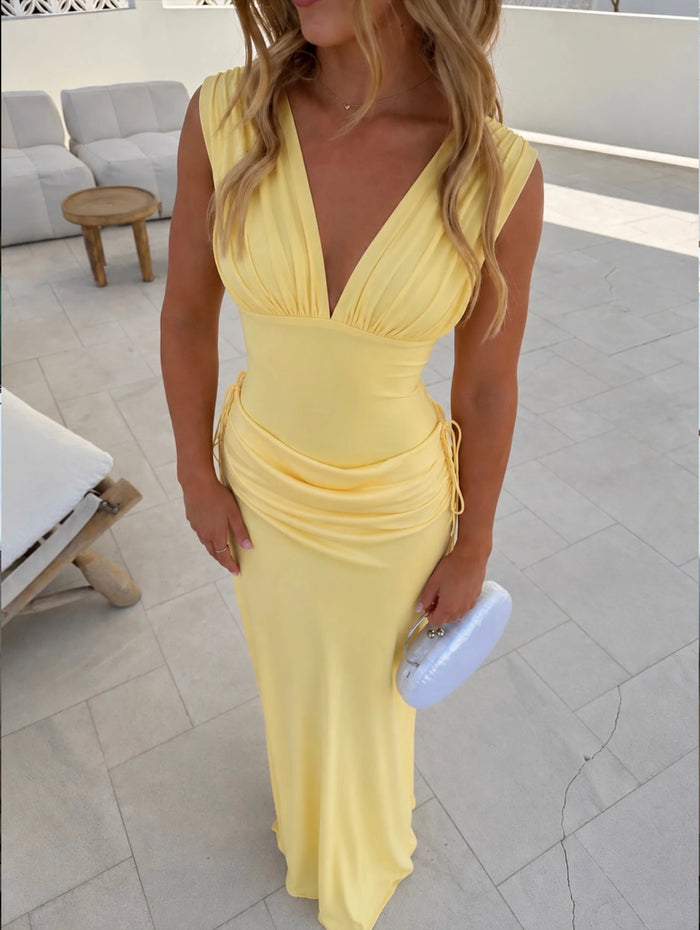 Benni Monroe Yellow Gathered Bust Maxi Dress TENN Designer Hire