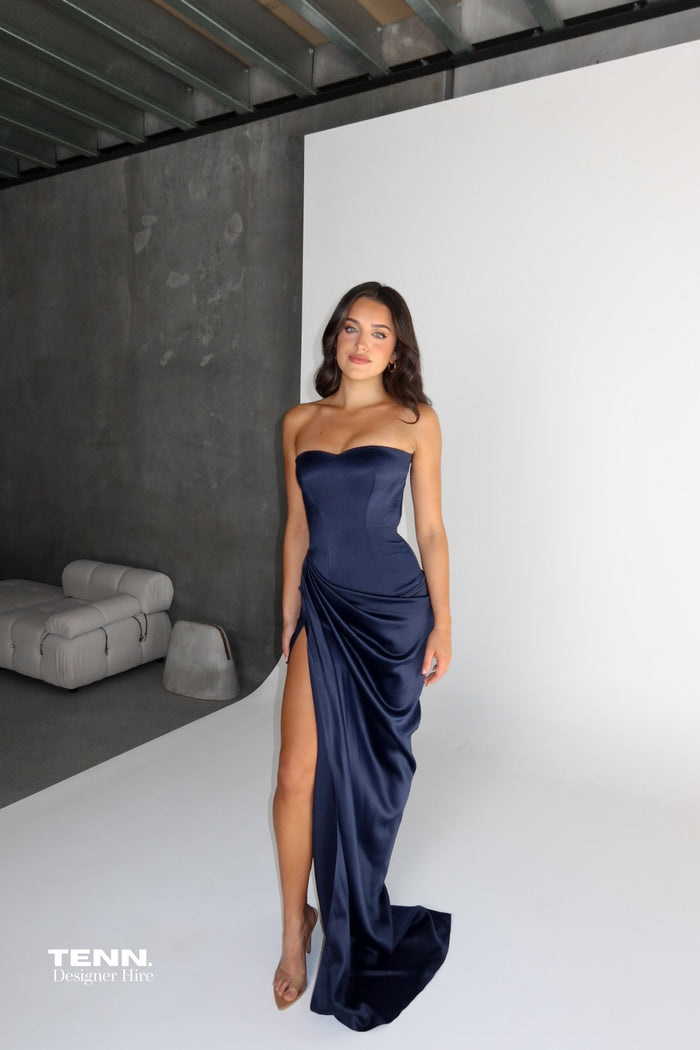 Custom Bianca Gown by Lia Stublla x TENN Hire in Navy – Fully Boned Corset, Dropped Waist with Ruched Detailing, and Thigh-High Slit.