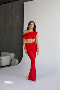 Effie Kats Perez Set In Runway Red For Hire – Off Shoulder Cropped Bodice With Ruched Hips And Full Length Bias Cut Skirt.