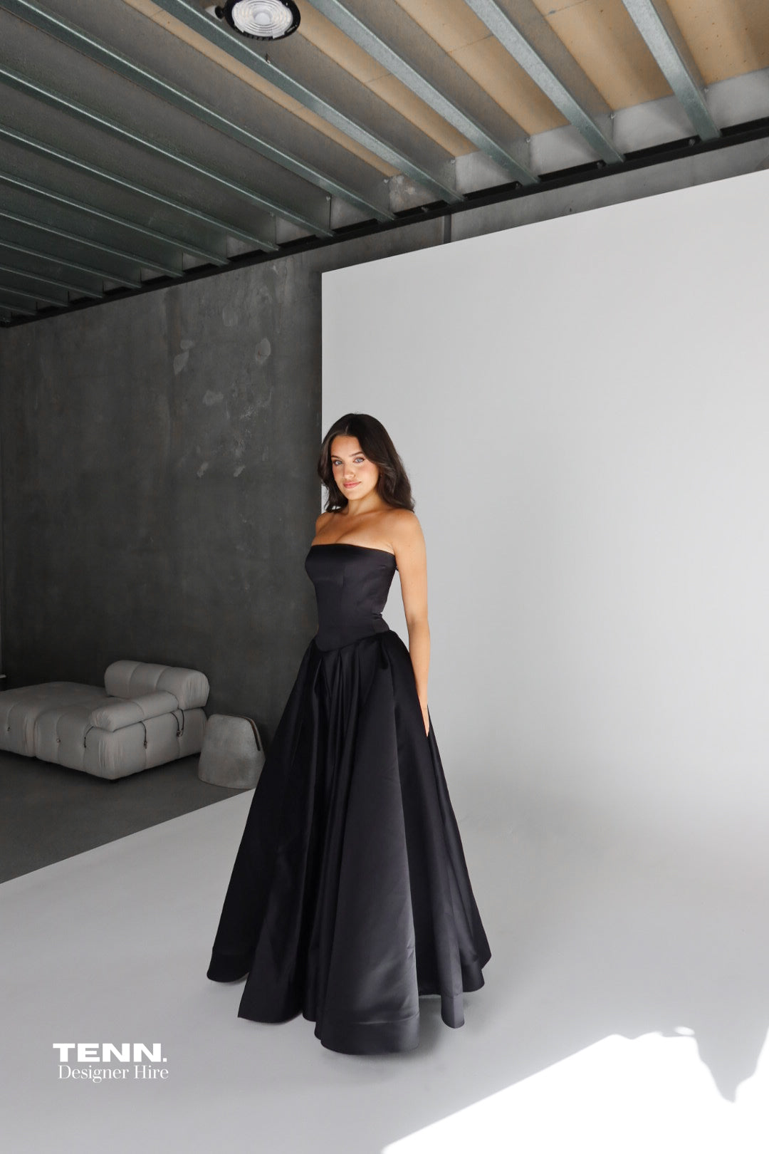 Elodie Gown by Lia Stublla x TENN Hire in Black – Original Design with Structured Bodice, Drop Waist, Ball Gown Skirt, and Leg Split.