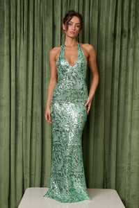 Fait Par Foutch Liana Dress Hire – seafoam sequin gown with V-neckline, halter ties, and low back.