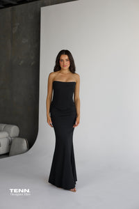 HNTR The Label Louie Gown In Black For Hire – Two-Piece Strapless Gown With Longline Corset And Body Hugging Maxi Skirt