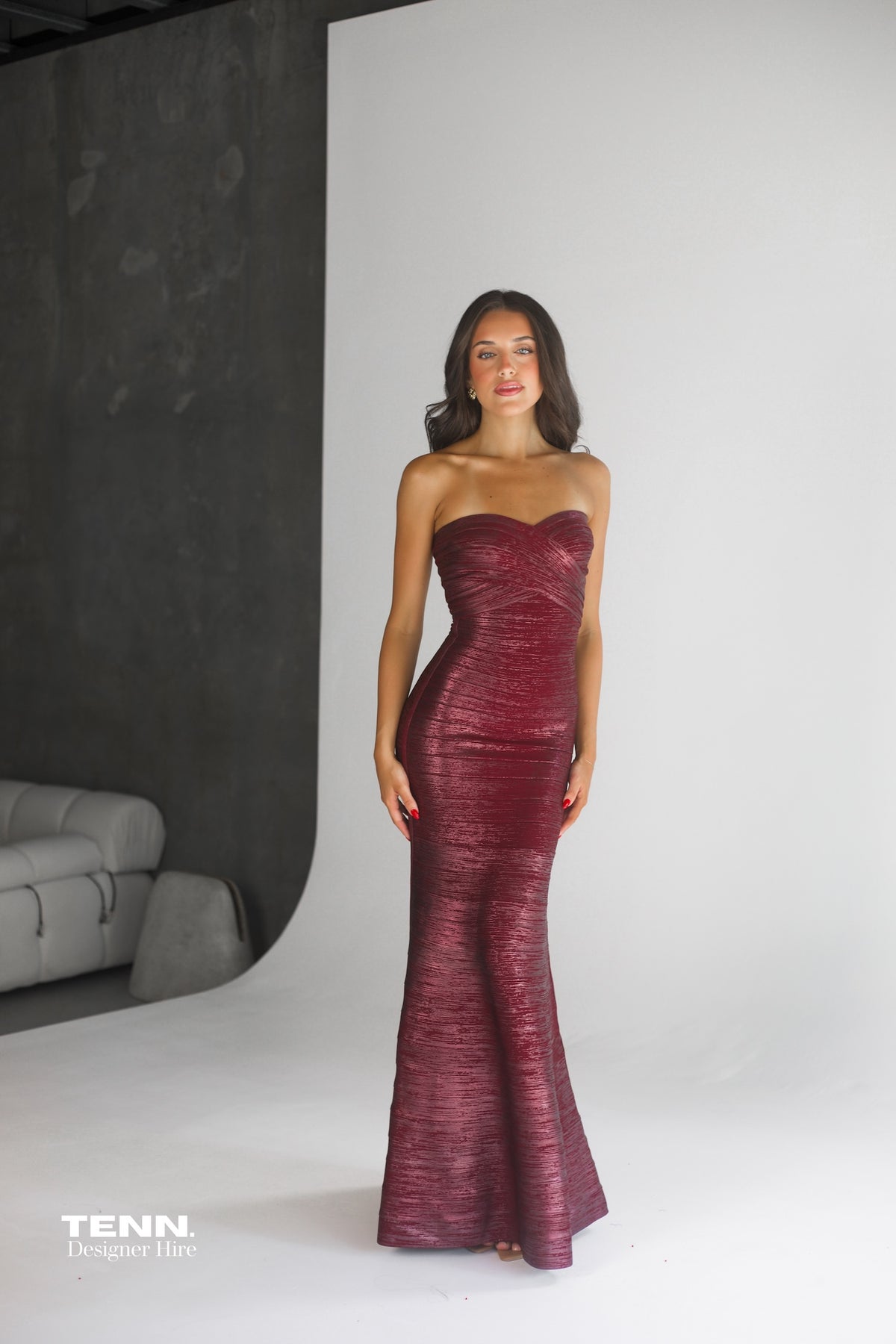 herve leger burgundy dress 1990S HERVE LEGER Burgundy Haute Couture Rayon Blend High Neck Bandage MORPHEW