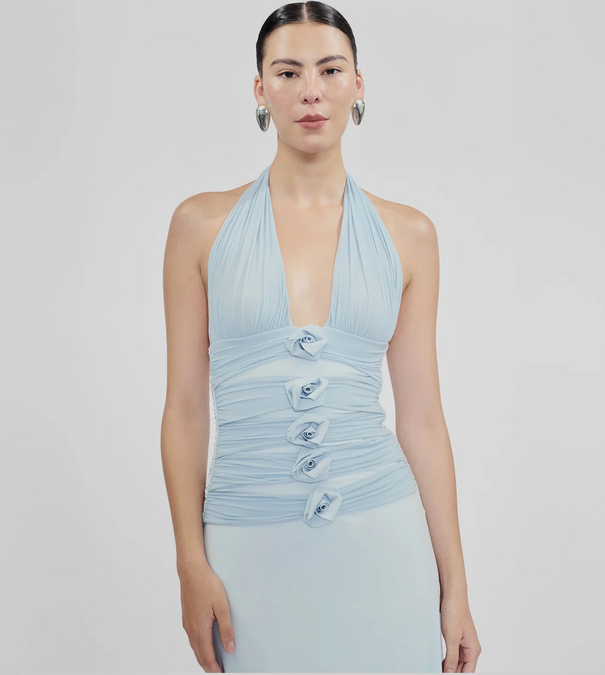 Maygel Coronel Villadiego Dress – ruched plunge sky blue summer dress with 3D florals from TENN Designer Hire