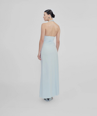 Maygel Coronel Villadiego Dress – ruched plunge sky blue summer dress with 3D florals from TENN Designer Hire