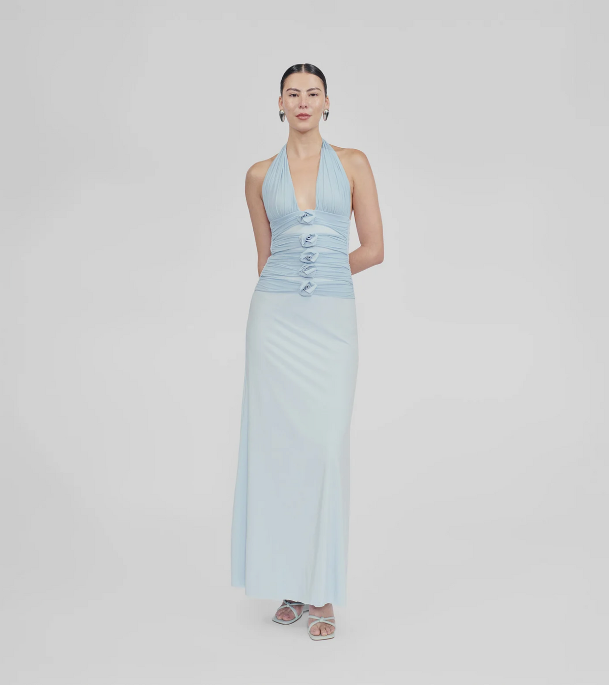 Maygel Coronel Villadiego Dress – ruched plunge sky blue summer dress with 3D florals from TENN Designer Hire