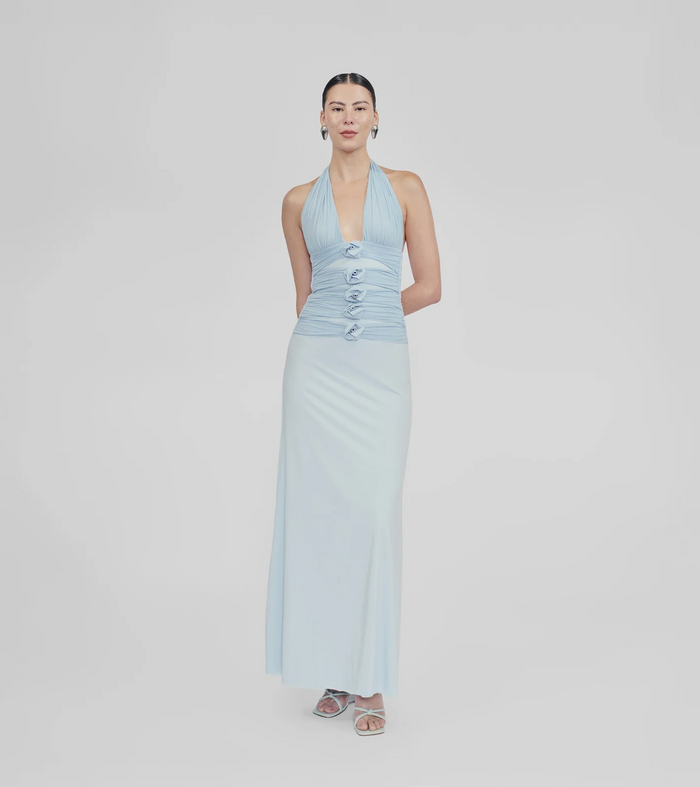 Maygel Coronel Villadiego Dress – ruched plunge sky blue summer dress with 3D florals from TENN Designer Hire