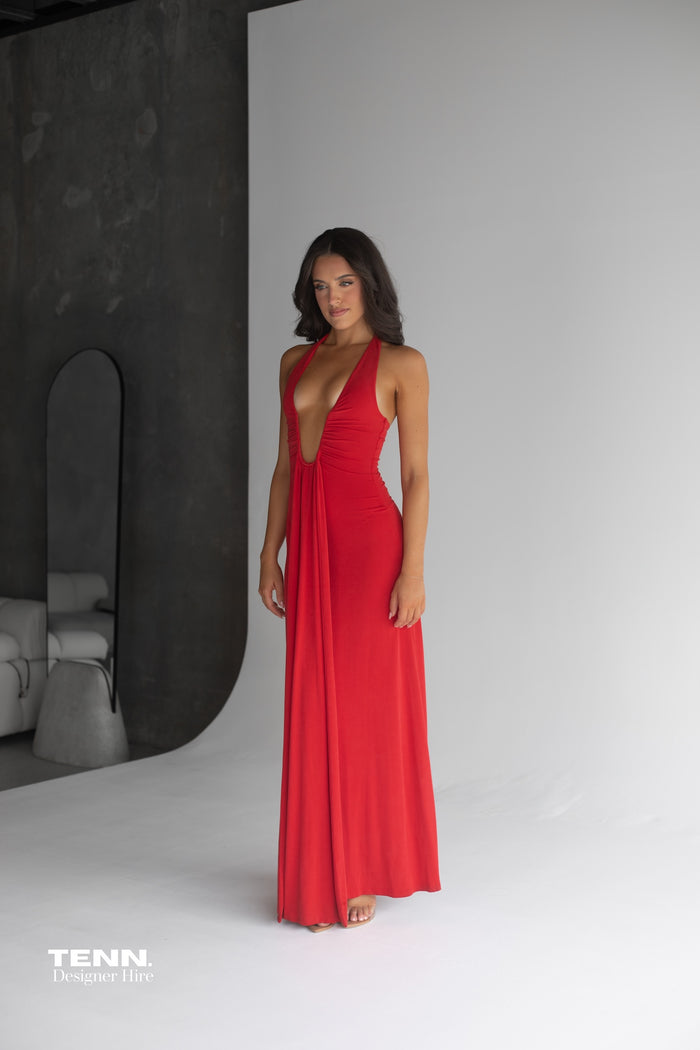 Misha Collection Jennifer Red Halter Maxi Dress – TENN Designer Hire