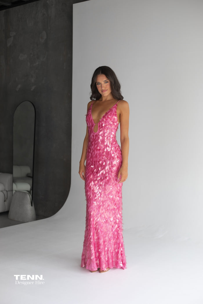 Misha Collection Sapphire Fuchsia Plunging Neck Maxi Dress – TENN Designer Hire