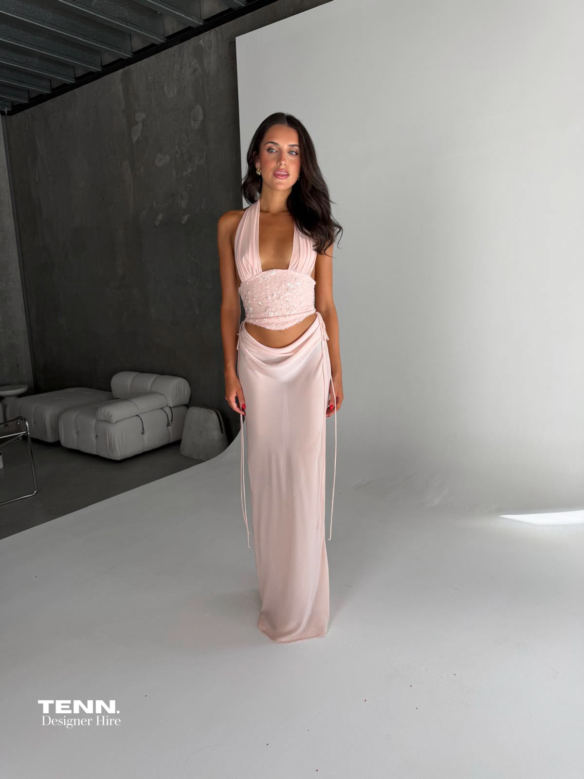 Natalie Rolt Bronte Top And Evelyn Skirt Set Baby Pink Hire TENN Designer Hire