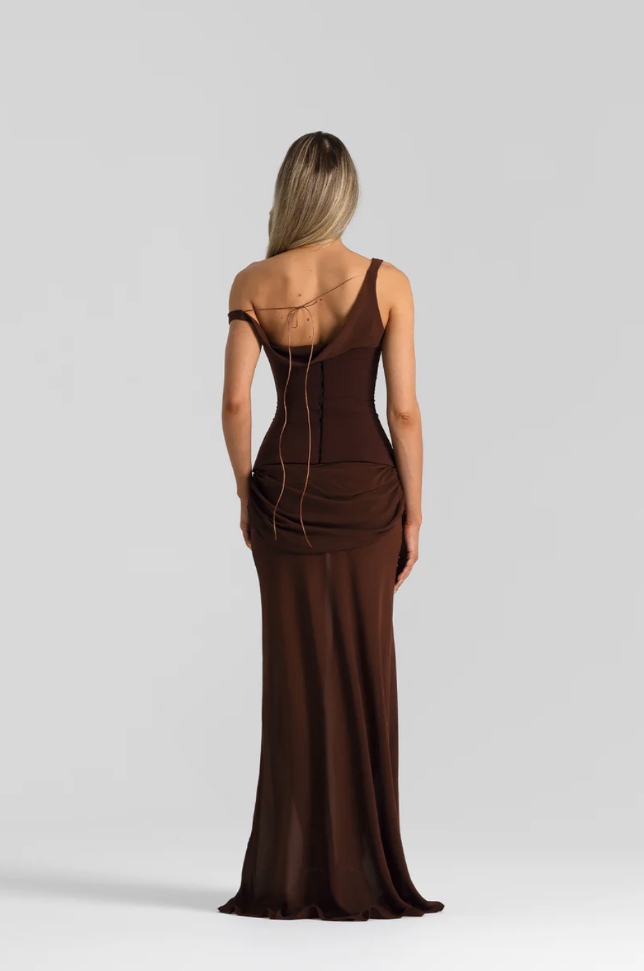 Natalie Rolt Cadence Gown in Espresso – off-shoulder brown dress hire from TENN Designer Hire