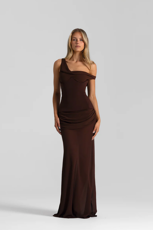 Natalie Rolt Cadence Gown in Espresso – off-shoulder brown dress hire from TENN Designer Hire