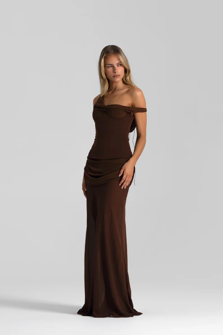 Natalie Rolt Cadence Gown in Espresso – off-shoulder brown dress hire from TENN Designer Hire