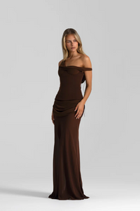 Natalie Rolt Cadence Gown in Espresso – off-shoulder brown dress hire from TENN Designer Hire