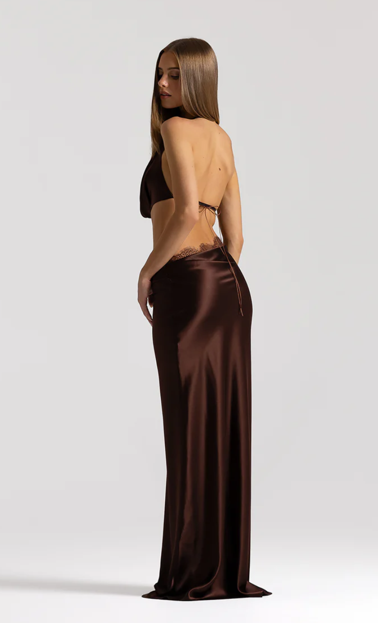 Natalie Rolt Evangeline Halter Gown Espresso TENN Designer Hire
