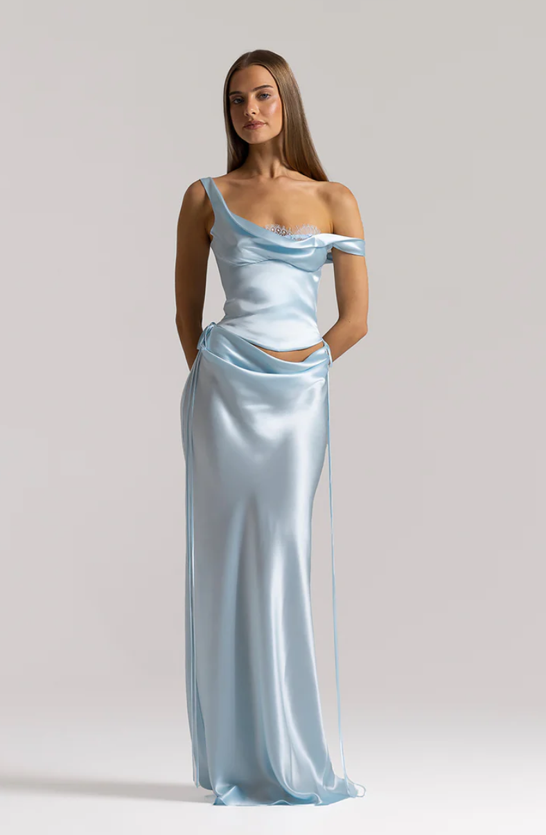 Natalie Rolt Posy Top and Maxi Skirt Set Ice Blue TENN Designer Hire