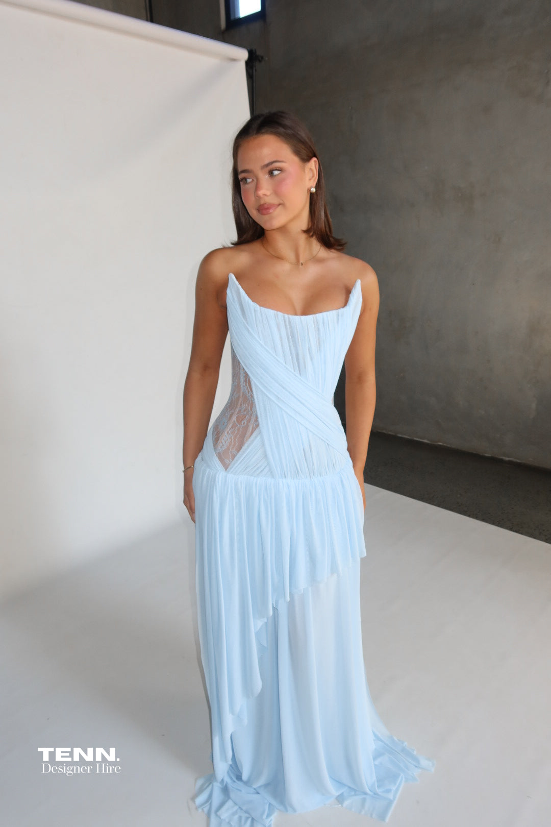 Oxa Couture Elle Draped Mesh Gown Powder Blue TENN Designer Hire
