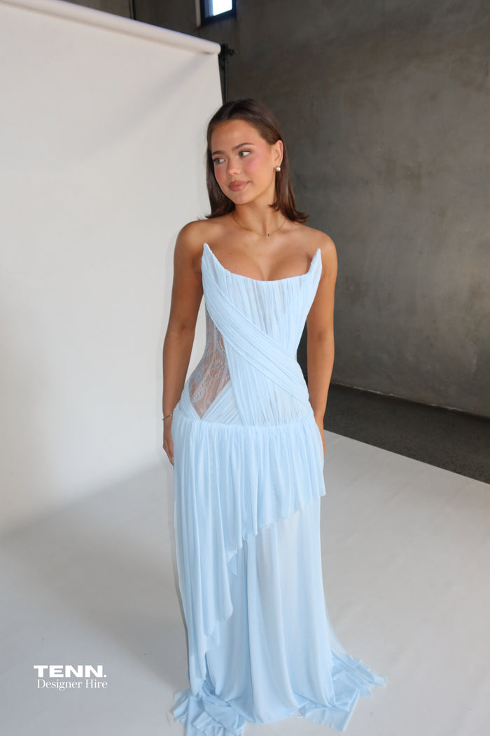 Oxa Couture Elle Draped Mesh Gown Powder Blue TENN Designer Hire