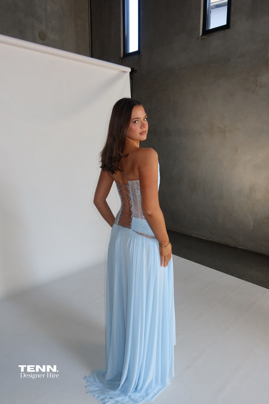 Oxa Couture Elle Lace Corset Gown Powder Blue TENN Designer Hire
