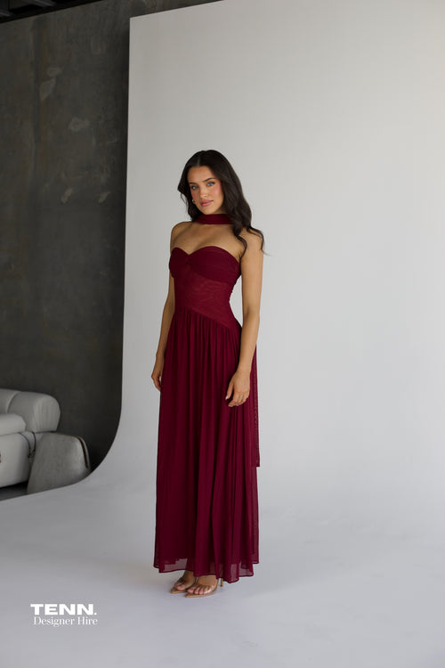 Raphaella Santana Ophelia Dress For Hire – Pink Strapless Gown With Ruched Bodice, Semi-Sheer Fabric, And Flowing Feminine Skirt.
