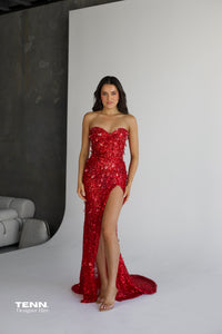 Albina Dyla Grande Couture Gown available for hire at TENN Designer Hire — custom hand-beaded gown with corseted sweetheart bodice, slim fit, thigh-high slit, small train, and delicate sheer fabric, as seen on Sarah Magusara.